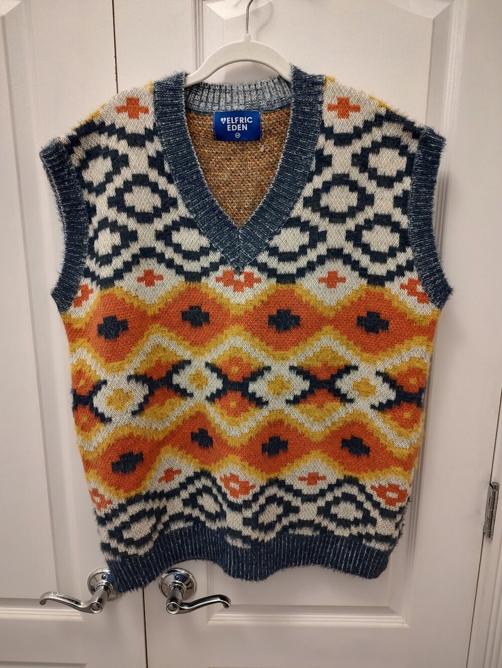 Aelfric Eden Orange Navy Cream Fair Isle V-Neck Sweater Vest